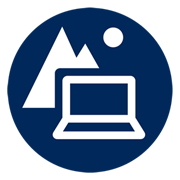 Bildungsurlaub Icon Bildungsurlaub zeigt einen blauen Kreis mit Laptop und Berg darin in weißer Linie