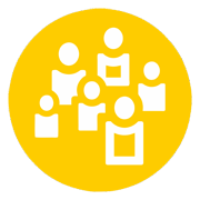 Fortbildungen für Kindertagespflegepersonen Icon zeigt gelben Kreis mit Piktogrammen einer Personengruppe